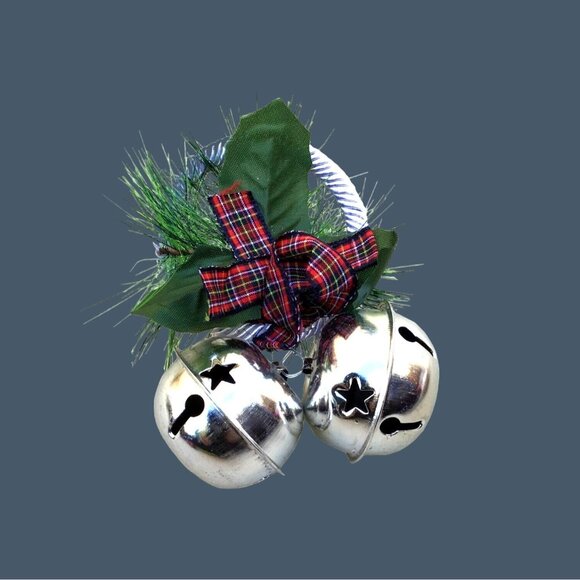 5" GALVANIZED BELLS W/COUNTRY CHECK BOW SINGLE ORNAMENT - Picture 1 of 6